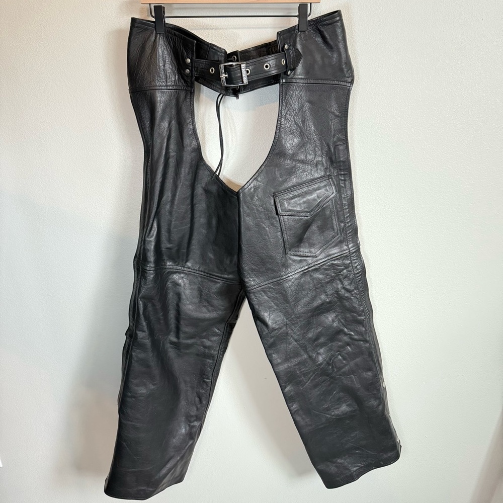 Vintage Pro Rider Black Genuine USA Leather Motorcycle Chaps with Belt Size 2XL‎
